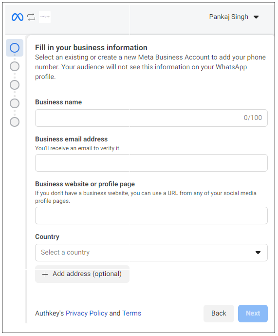 Fill in business information