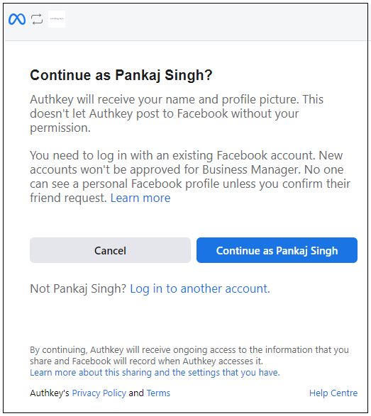 First page- Logging into Facebook business using the Authkey